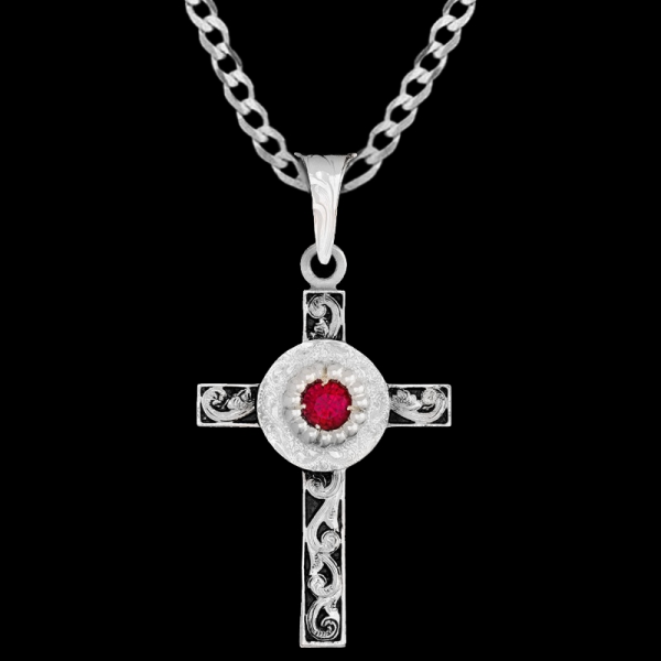 The Micah Cross Pendant Necklace features intrincate silver scrolls with black enamel accents and a customizable zirconia stone. Pair it with a special discount sterling silver chain today!